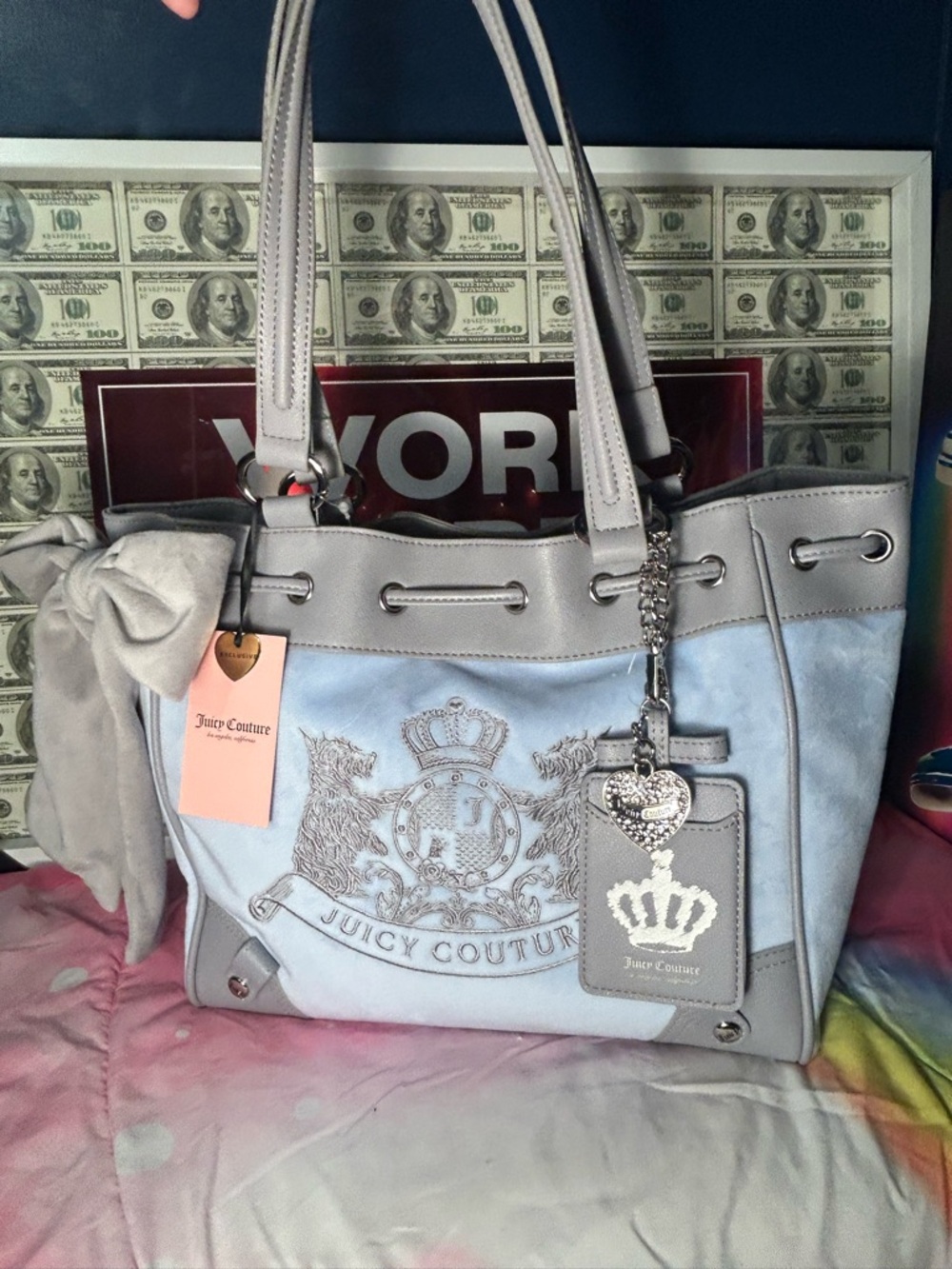 Juicy Couture Light Blue and Gray Suede Crest Tote